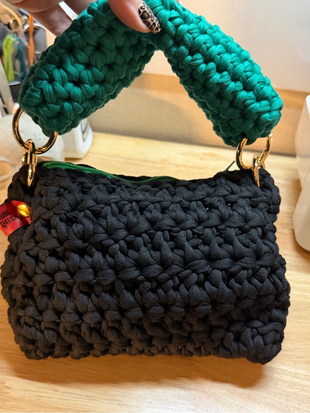 Handmade Black Crochet Handbag with Green Handle